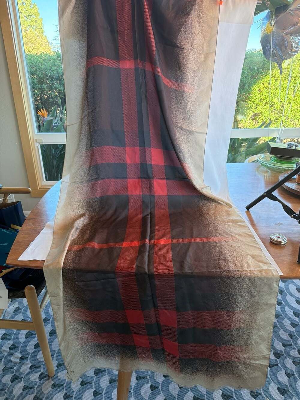 Authentic Burberry 100% Silk Oversized Scarf Red Tonal Check - Light Stains